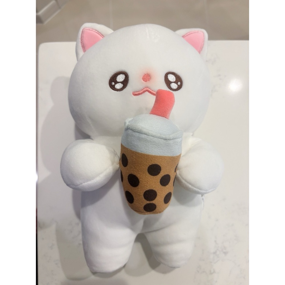 White and Pink Maobabie Cat Plush Toy with Bubble Tea